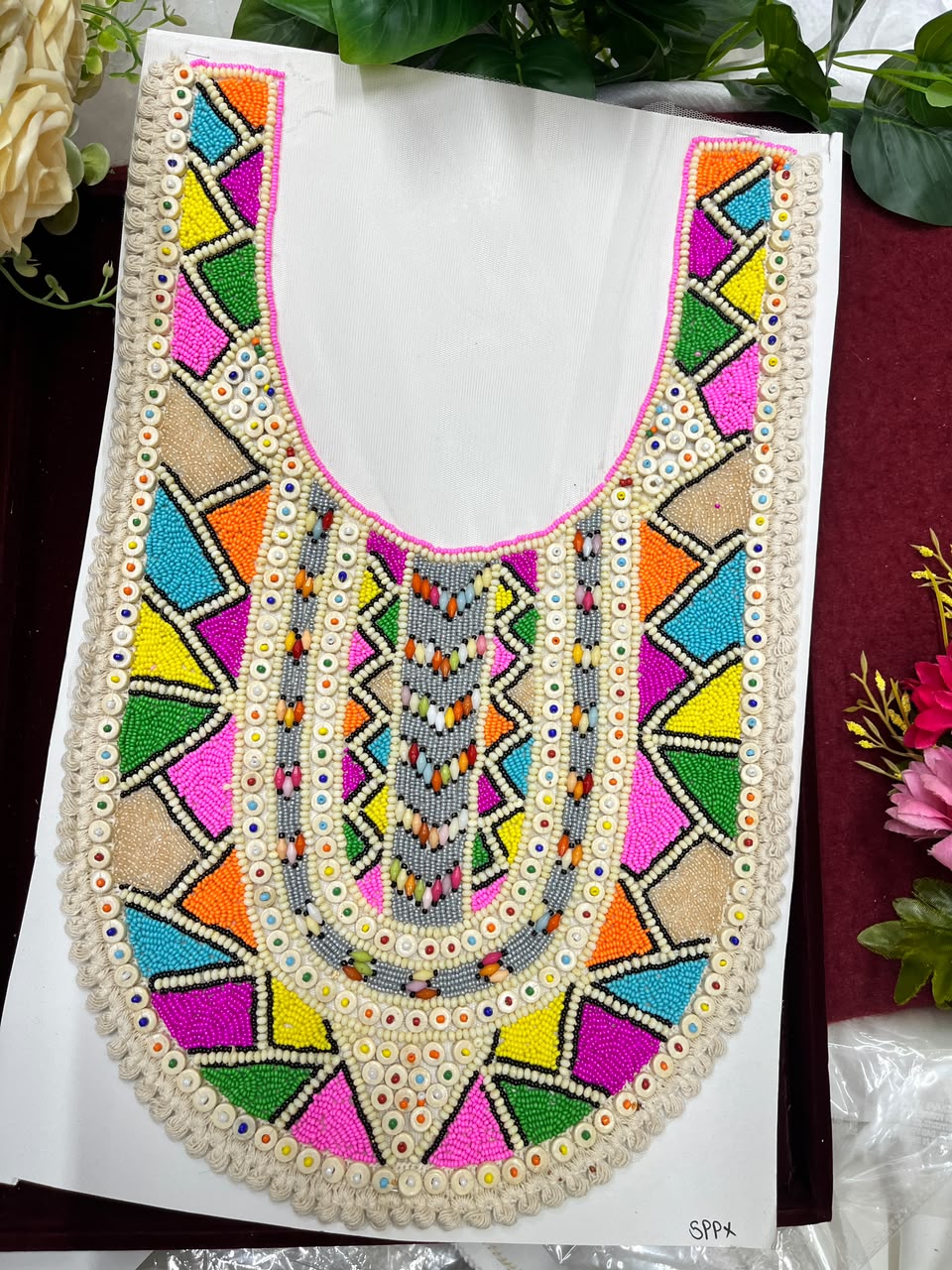Multicoloured Wooden Work Boho Style Neck Patch for Kurtis, Dresses & Blouses – Designer Handmade Ethnic Neckline Applique | DC1007 | Design 2