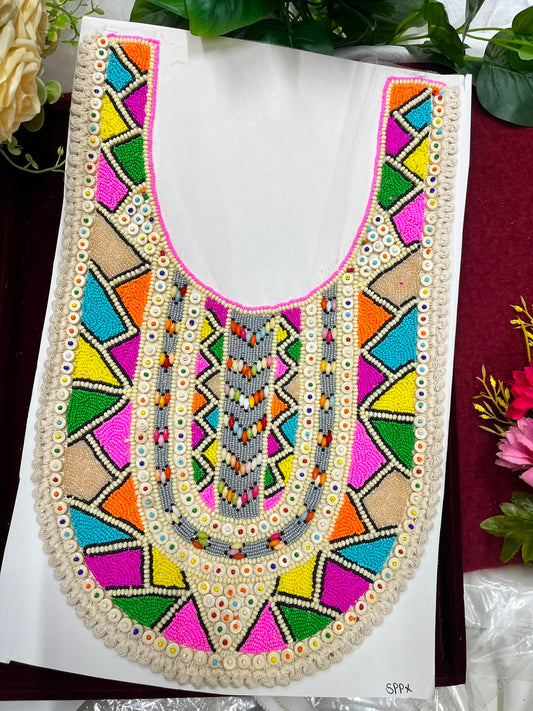Multicoloured Wooden Work Boho Style Neck Patch for Kurtis, Dresses & Blouses – Designer Handmade Ethnic Neckline Applique | DC1007 | Design 2