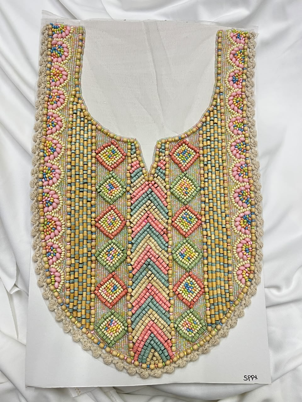Multicoloured Wooden Work Boho Style Neck Patch for Kurtis, Dresses & Blouses – Designer Handmade Ethnic Neckline Applique | DC1007 | Design 3