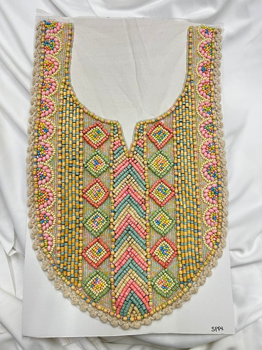 Multicoloured Wooden Work Boho Style Neck Patch for Kurtis, Dresses & Blouses – Designer Handmade Ethnic Neckline Applique | DC1007 | Design 3