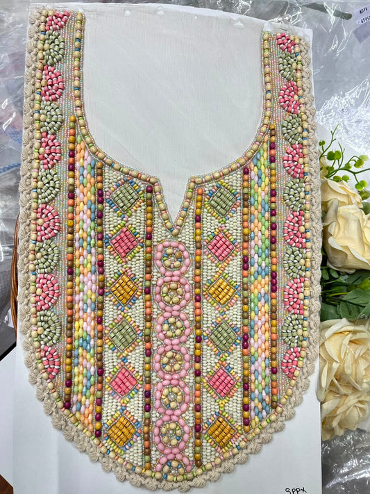 Multicoloured Wooden Work Boho Style Neck Patch for Kurtis, Dresses & Blouses – Designer Handmade Ethnic Neckline Applique | DC1007 | Design 4