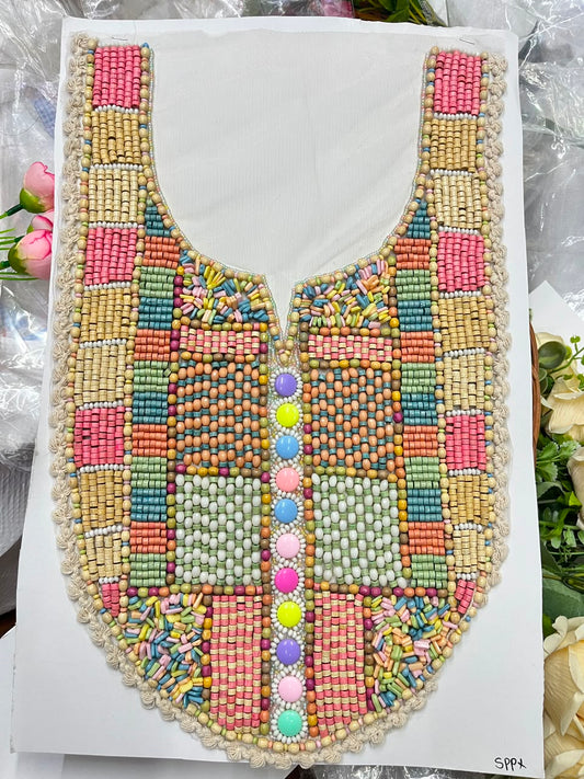 Multicoloured Wooden Work Boho Style Neck Patch for Kurtis, Dresses & Blouses – Designer Handmade Ethnic Neckline Applique | DC1007 | Design 5