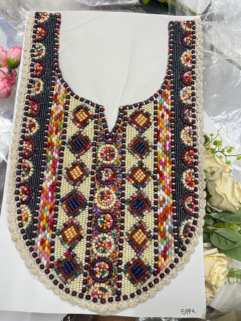 Multicoloured Wooden Work Boho Style Neck Patch for Kurtis, Dresses & Blouses – Designer Handmade Ethnic Neckline Applique | DC1007 | Design 6