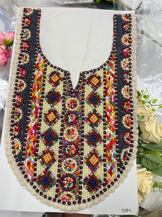 Multicoloured Wooden Work Boho Style Neck Patch for Kurtis, Dresses & Blouses – Designer Handmade Ethnic Neckline Applique | DC1007 | Design 6