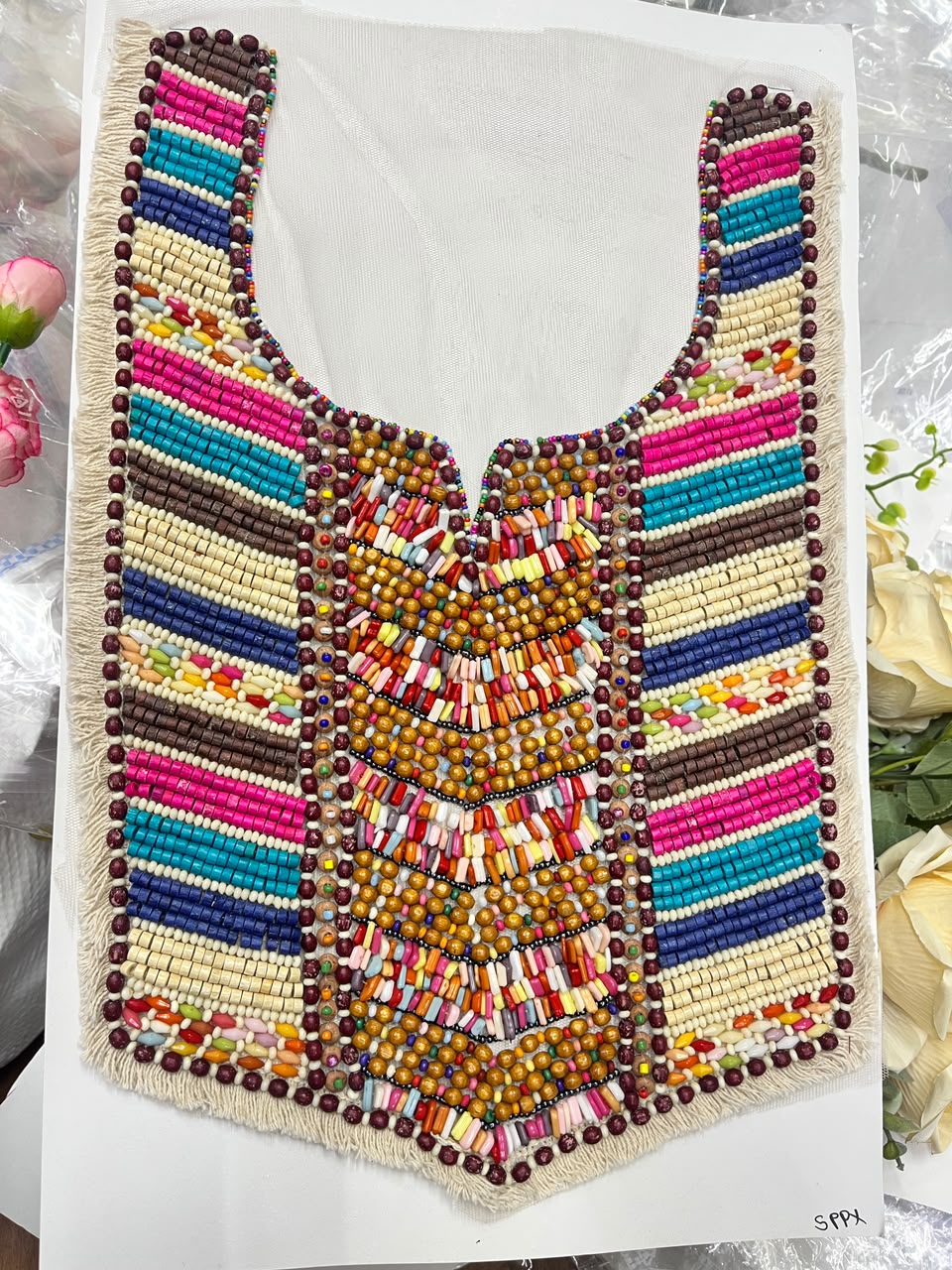 Multicoloured Wooden Work Boho Style Neck Patch for Kurtis, Dresses & Blouses – Designer Handmade Ethnic Neckline Applique | DC1007 | Design 8
