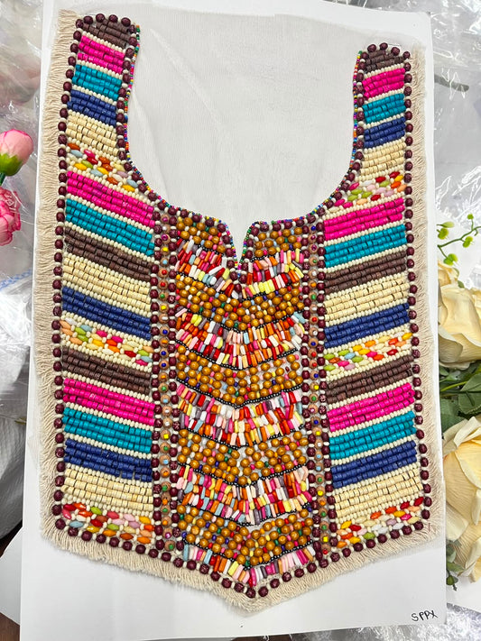 Multicoloured Wooden Work Boho Style Neck Patch for Kurtis, Dresses & Blouses – Designer Handmade Ethnic Neckline Applique | DC1007 | Design 8
