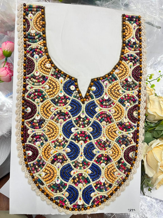 Multicoloured Wooden Work Boho Style Neck Patch for Kurtis, Dresses & Blouses – Designer Handmade Ethnic Neckline Applique | DC1007 | Design 9