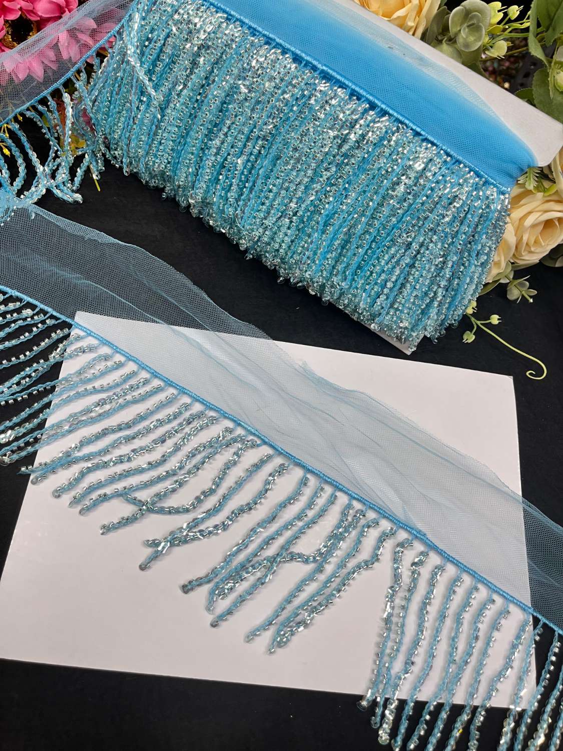 Sequence Fringe Lace | Western Imported Lace | Tassels Lace – Premium Designer Border Trim for Sarees, Lehengas & Gowns (9 Meter, 4 Inch Width) | Firozi