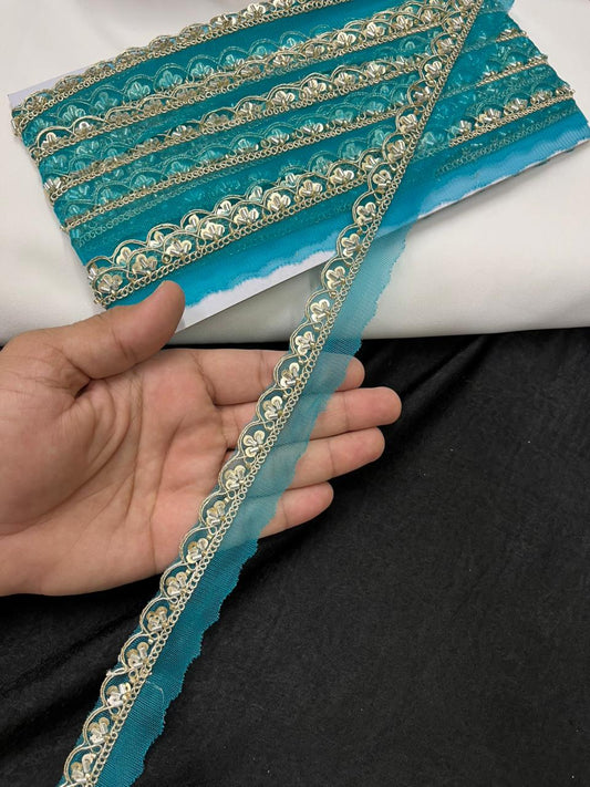 Scalloped Cutdana Work Lace for Sarees & Dupattas – Designer Maggam Work Lace Border (Half Inch) | Firozi