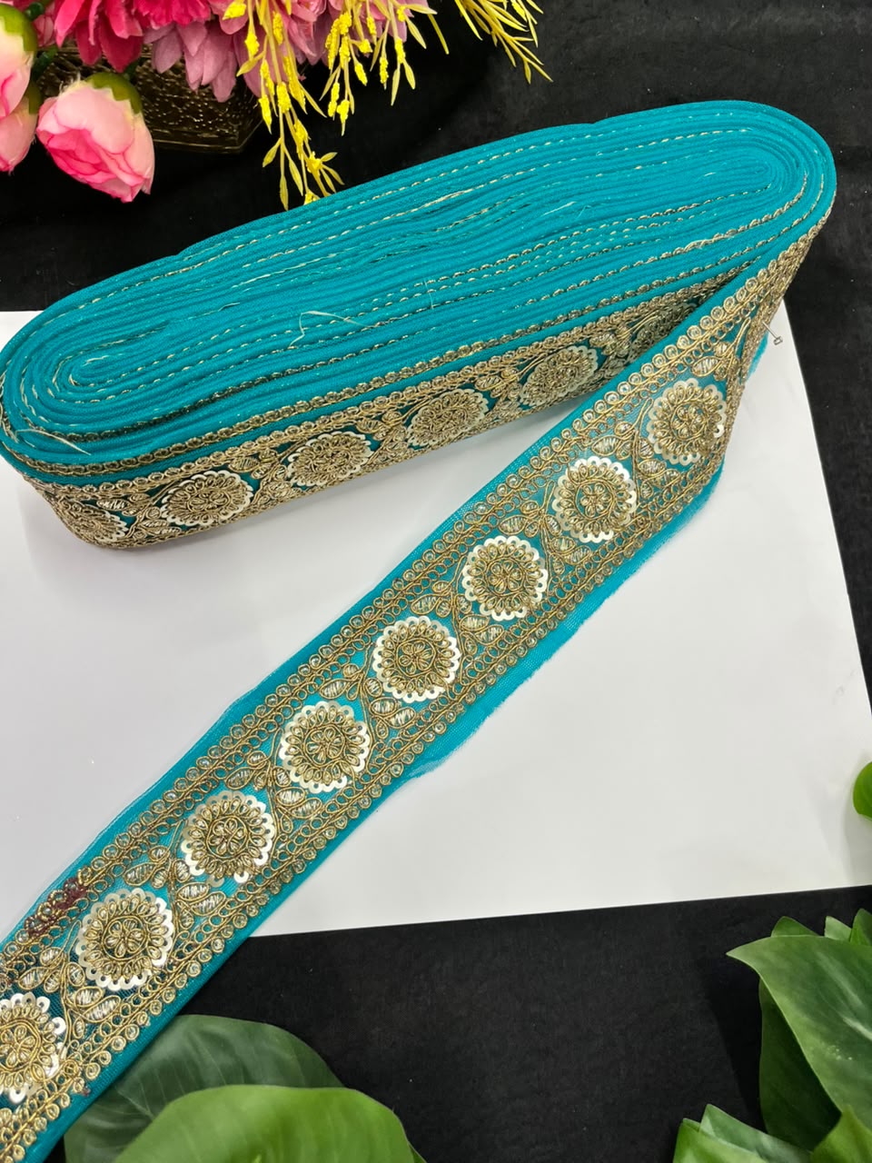 Golden Zari Embroidered Lace on Net Fabric for Sarees, Lehengas & Dupattas – Designer Embroidered Lace Border (1.5 Inch) | Firozi