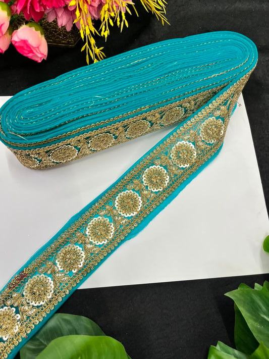 Golden Zari Embroidered Lace on Net Fabric for Sarees, Lehengas & Dupattas – Designer Embroidered Lace Border (1.5 Inch) | Firozi