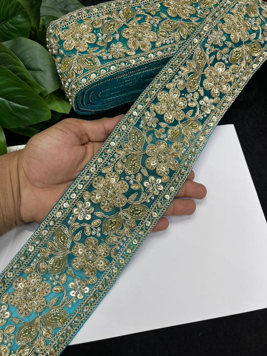 Designer Maggam Work Saree Lace on Net Fabric – Handcrafted Embroidered Lace Border for Sarees, Blouses & Lehengas (3.5 Inch) | Firozi