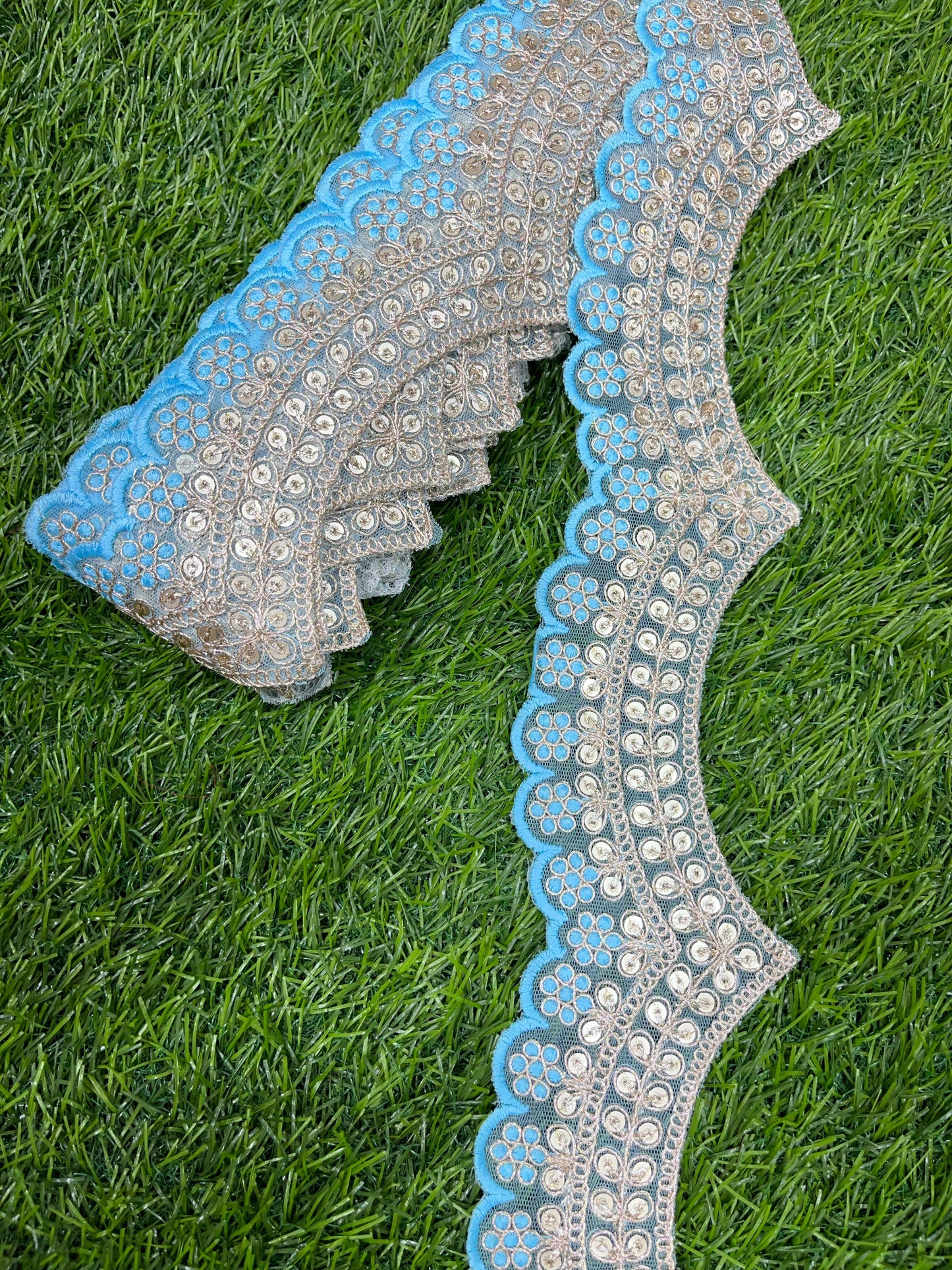 Embroidery Scallop Lace | Sequins Embellishment Trim | Craft Decorative Saree Lace – 9 Meters, 2-Inch Width | Firozi