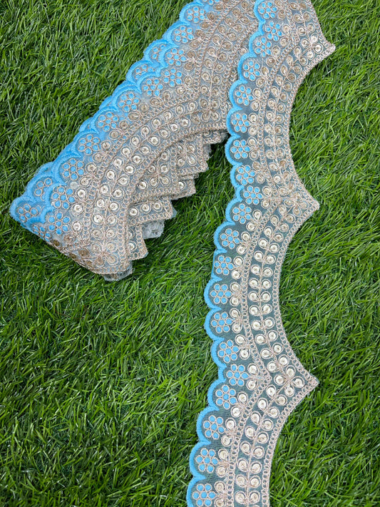 Embroidery Scallop Lace | Sequins Embellishment Trim | Craft Decorative Saree Lace – 9 Meters, 2-Inch Width | Firozi