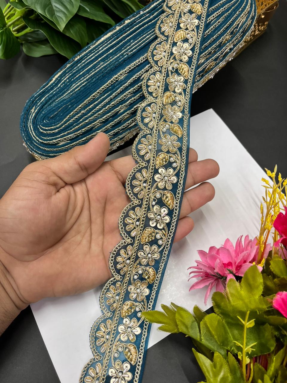 Exclusive Bridal Katdana Bead Work Laces – Designer Maggam Work Borders for Sarees, Lehengas & Dupattas (9 Meter, 2 Inch Width) | Firozi