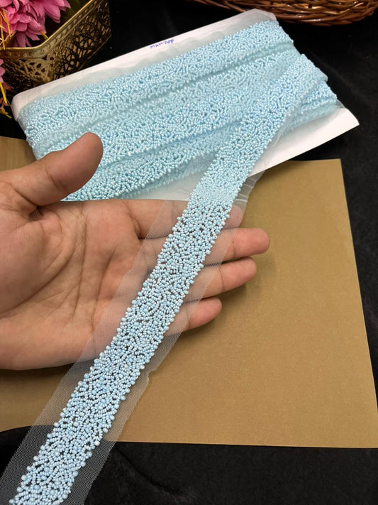 Exclusive Pearl Work Handcrafted Lace Trim for Sarees, Kurtis & Dresses – Designer Handmade Pearl Embroidery Lace Border | Firozi