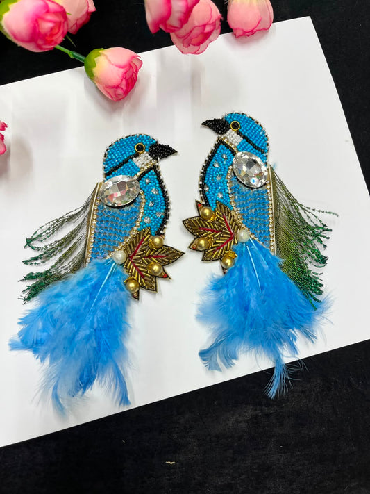 Handcrafted Feather Bird Patches for Sarees, Lehengas, Blouses & Dresses – Designer Bird Applique Set of 2 | DC1045 | Firozi
