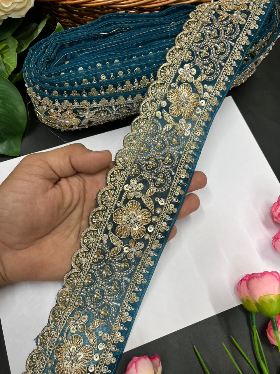 Exclusive Flower Embroidered Saree Lace Design – Premium Maggam Work Lace Border for Ethnic Wear | Firozi