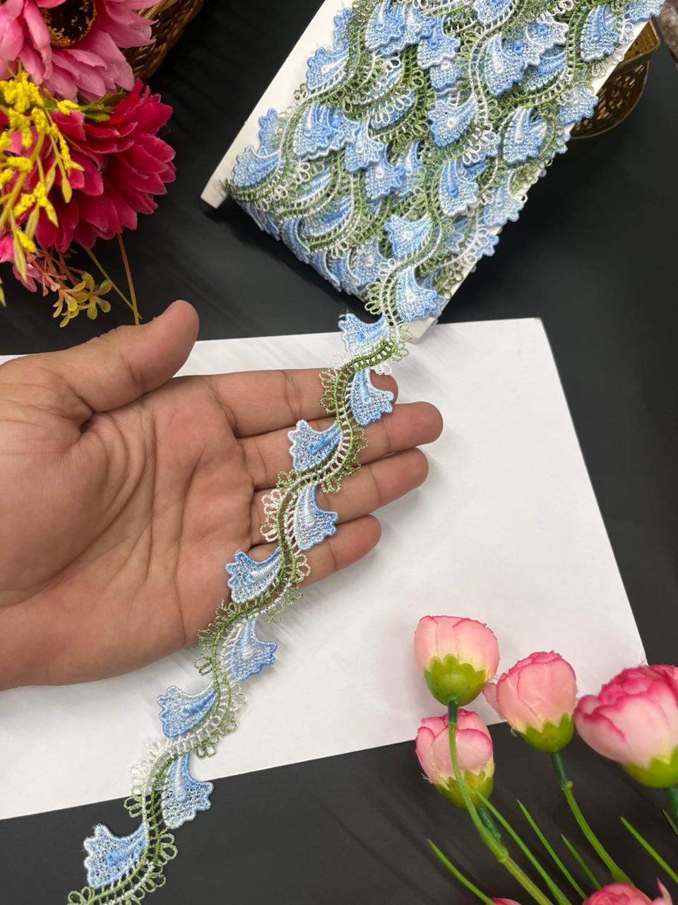 Imported Guipure Cotton Multicoloured Lace & Trims – Designer Border for Sarees, Lehengas & Dupattas (9 Meter, 1 Inch Width) | Firozi