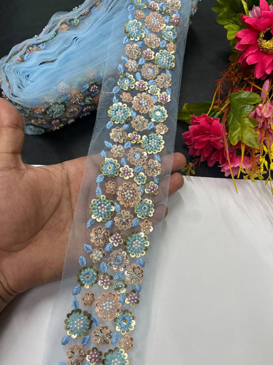 Stunning Thread Work Border with Pastel Bead Work – Designer Lace on Net Fabric (9 Meter) | Firozi