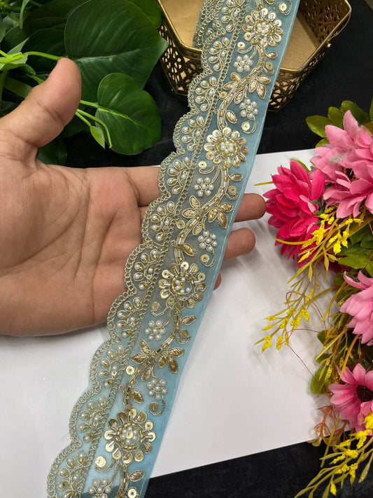 Gorgeous Embroidered Pearl & Cutdana Designer Lace – 9 Meters, 2.5-Inch Maggam Work Border for Sarees & Lehengas | Firozi