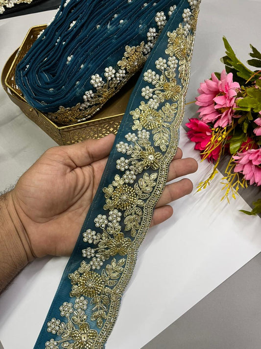 Luxurious Beaded Cutdana Bridal Dupatta Lace | Maggam Saree Laces – Designer Embellished Border (9 Meter, 2.5 Inch Width) | Firozi