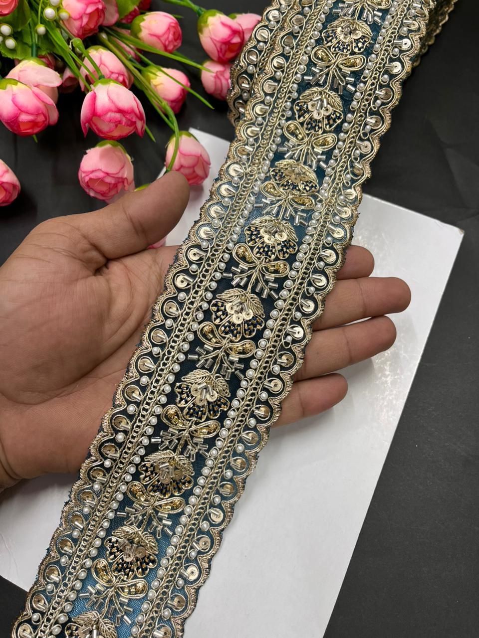 Luxurious Beaded Cutdana Bridal Saree Laces – Heavy Maggam Work Borders for Sarees, Dupattas & Lehengas (9 Meter, 2.5 Inch Width) | Firozi