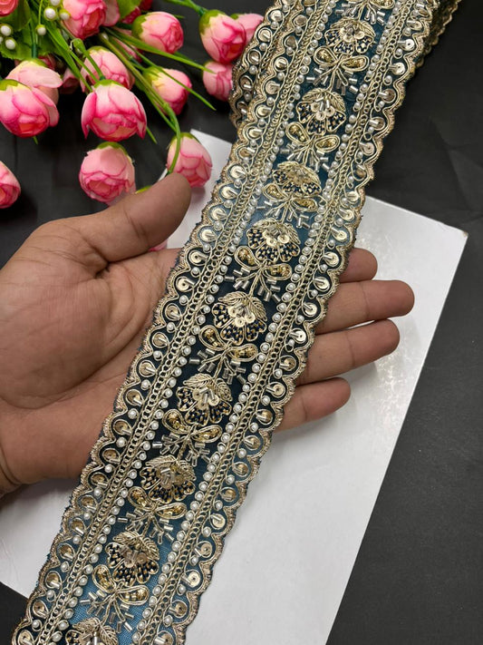 Luxurious Beaded Cutdana Bridal Saree Laces – Heavy Maggam Work Borders for Sarees, Dupattas & Lehengas (9 Meter, 2.5 Inch Width) | Firozi