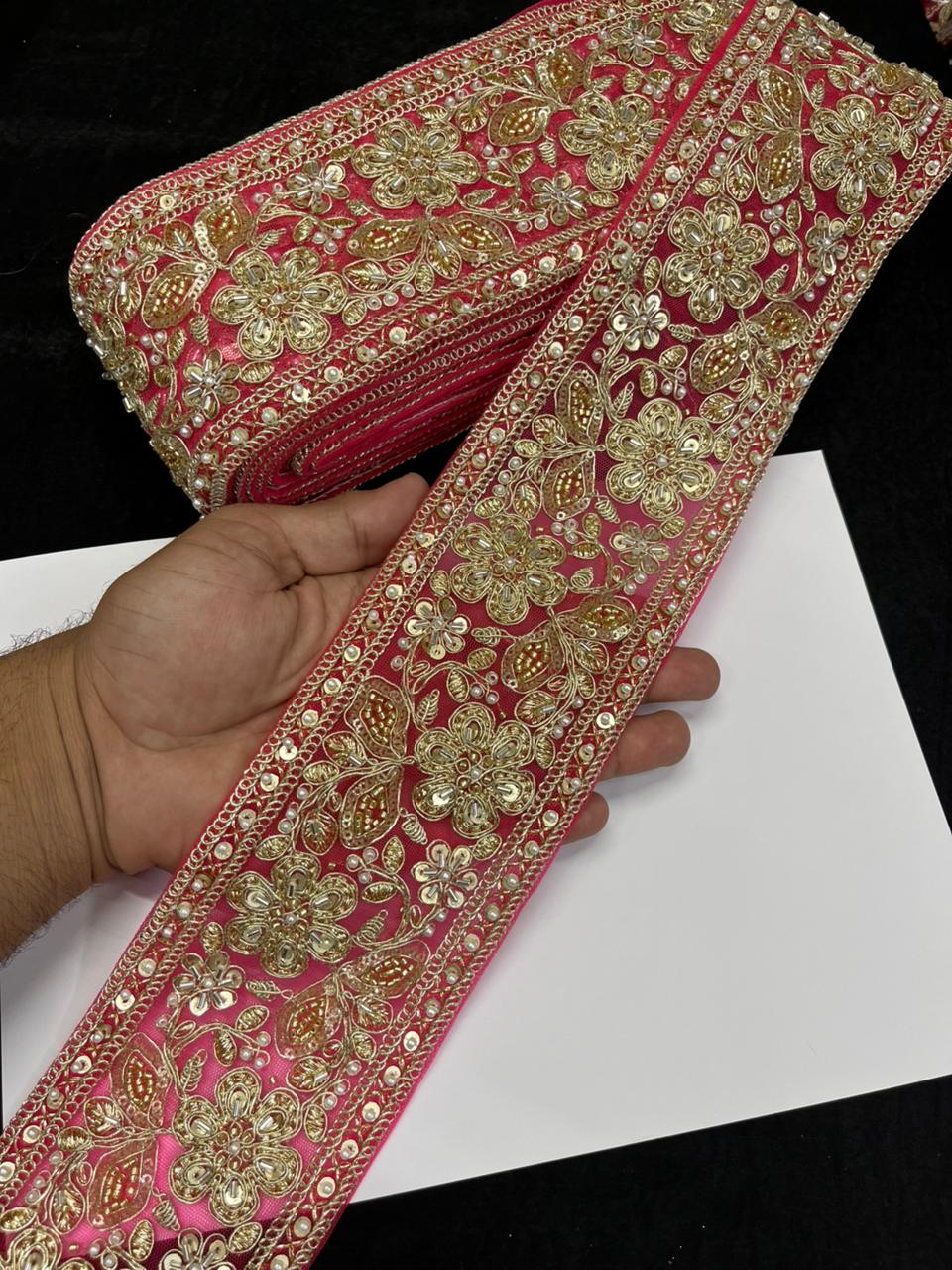 Designer Maggam Work Saree Lace on Net Fabric – Handcrafted Embroidered Lace Border for Sarees, Blouses & Lehengas (3.5 Inch) | Gajri