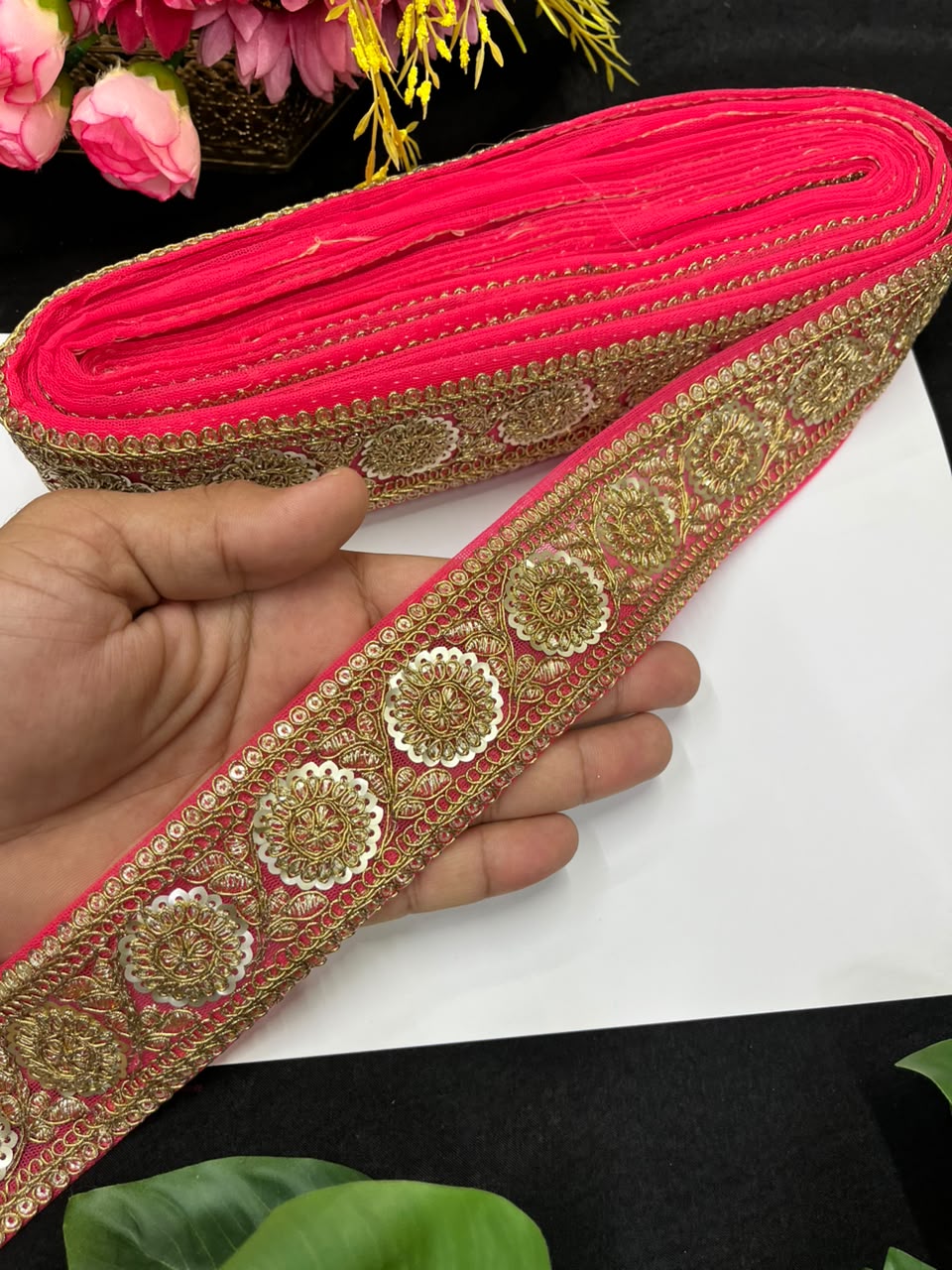 Golden Zari Embroidered Lace on Net Fabric for Sarees, Lehengas & Dupattas – Designer Embroidered Lace Border (1.5 Inch) | Gajri