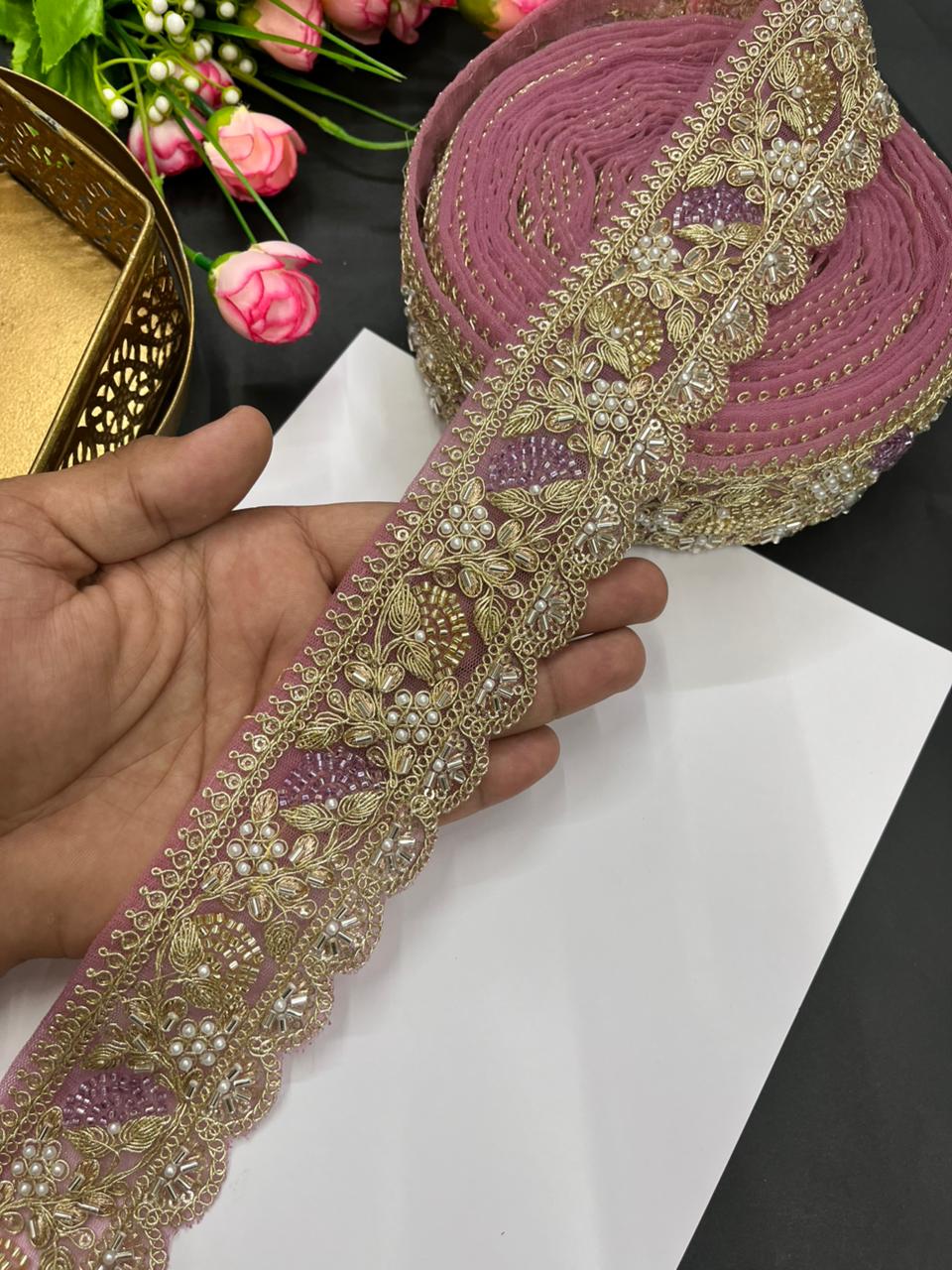 Designer Beaded Net Based Maggam Work Lace for Sarees – Premium 2 Inch Hand-Embellished Border for Lehengas & Bridal Wear (9 Meter) | Gajri
