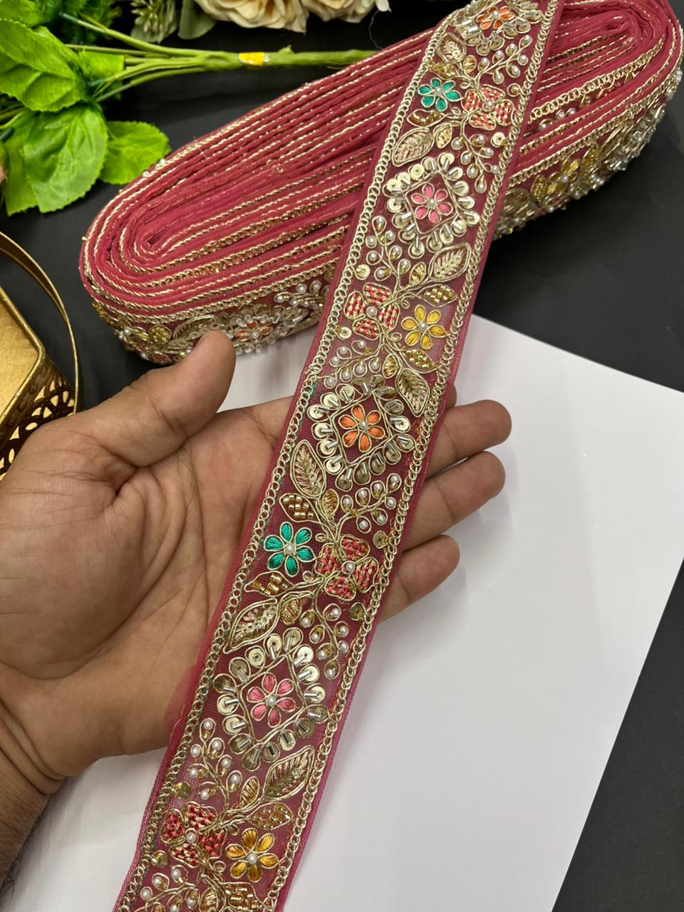Designer Maggam Work Laces for Sarees – Premium 2 Inch Hand-Embellished Border for Lehengas, Dupattas & Bridal Wear (9 Meter) | Gajri