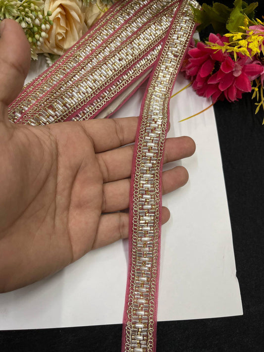 Delicate Pearl Work Designer Saree Laces – 9 Meters, 1-Inch Maggam Work Border for Sarees, Lehengas & Dupattas | Gajri