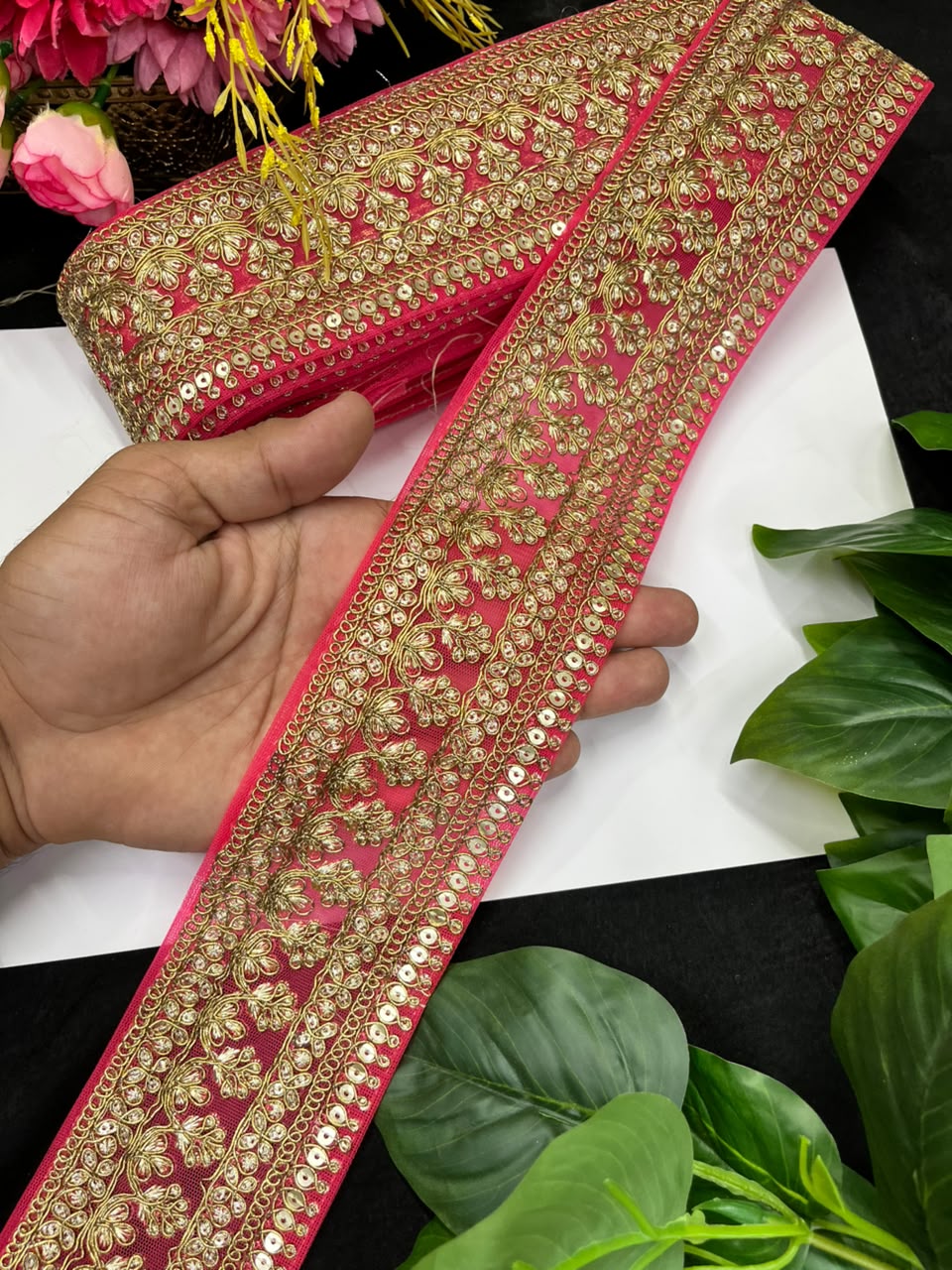 Golden Zari Embroidered Lace for Sarees, Lehengas & Dupattas – Premium Designer Embroidered Lace Border for Boutique Owners & Fashion Designers (3 Inch) | Gajri