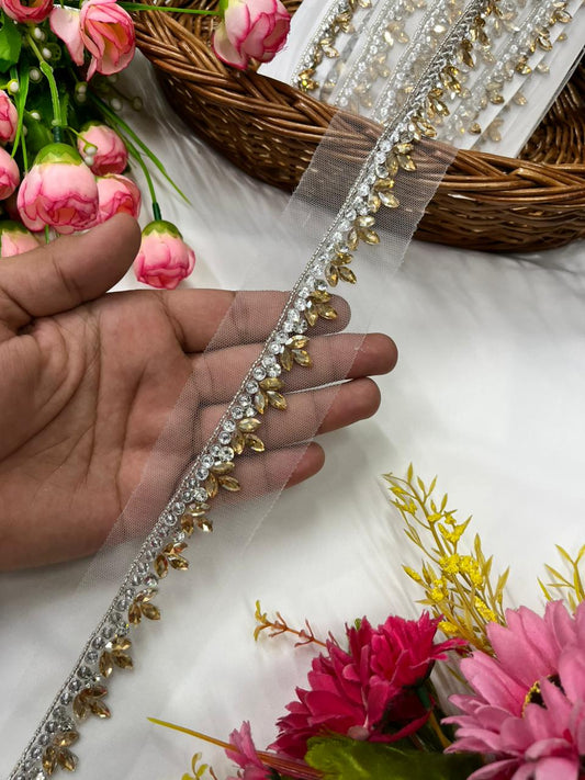 Handcrafted Rhinestone Trim for Sarees, Lehengas & Dresses – Designer Handmade Stone Lace Border (1 Inch) Gold Silver
