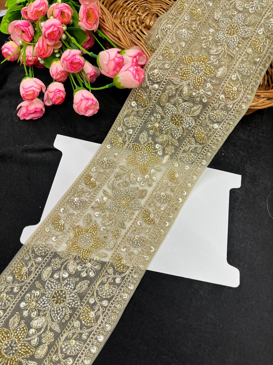 Heavy Gold Bridal Lehenga Border Lace – Designer Embroidered Lace for Lehengas, Sarees & Dupattas (5 Inch) | DC1052 | Gold