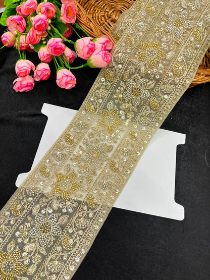 Heavy Gold Bridal Lehenga Border Lace – Designer Embroidered Lace for Lehengas, Sarees & Dupattas (5 Inch) | DC1052 | Gold
