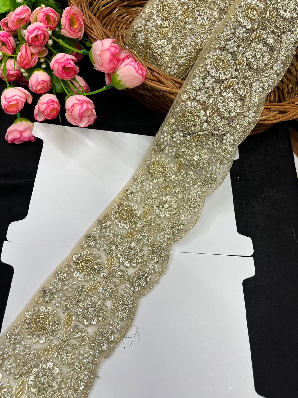 Golden Maggam Work Lace for Sarees, Lehengas, Dupattas & Blouses – Designer Embroidered Maggam Lace Border (3 Inch) | DC1053 | Gold