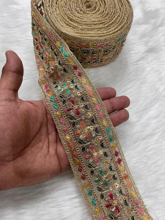 2.5 Inches Decorative Sequin Thread Embroidered Indian Mustard Sari Silk Dupatta Border Ribbon (9 Meter) | Gold Net