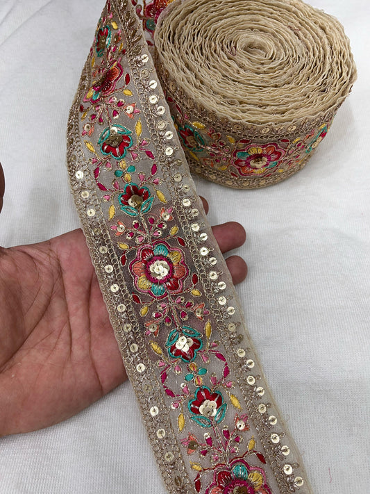 Embroidery Lace Embellishment Trim – 9 Meters, 3-Inch Width, Decorative Border | Gold Net