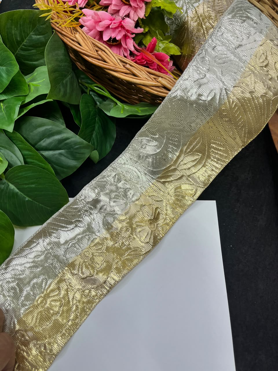 Artificial Plain Gota Lace for Skirts, Lehengas, Sarees & Dupattas – Decorative Gota Patti Lace Border (4 Inch) | DC1023 | Gold Silver Mix
