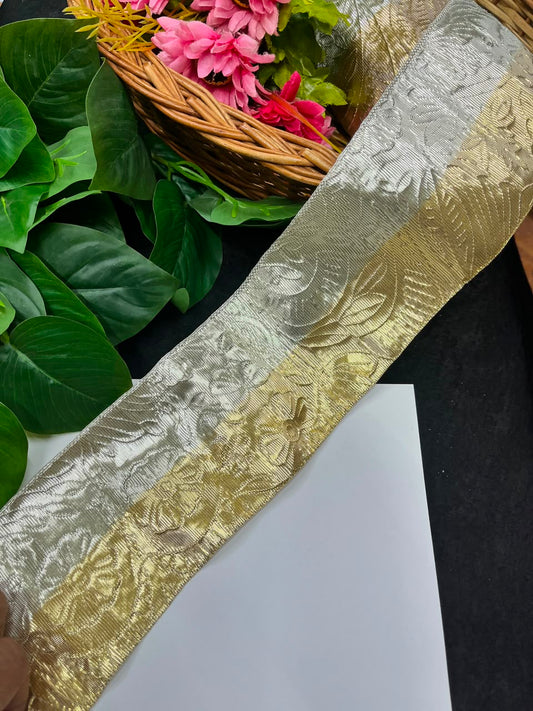 Artificial Plain Gota Lace for Skirts, Lehengas, Sarees & Dupattas – Decorative Gota Patti Lace Border (4 Inch) | DC1023 | Gold Silver Mix