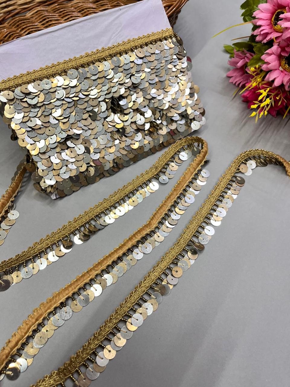 Metal Coin Hanging Lace for Bridal Dupattas – Premium 1 Inch Latkan Style Decorative Border for Wedding & Festive Wear (9 Meter) | Gold Silver Mix
