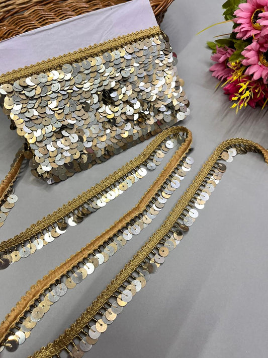 Metal Coin Hanging Lace for Bridal Dupattas – Premium 1 Inch Latkan Style Decorative Border for Wedding & Festive Wear (9 Meter) | Gold Silver Mix