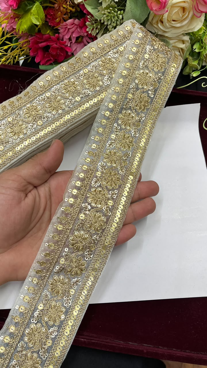 Golden Sequin Work Embroidered Saree Lace for Sarees, Lehengas, Dupattas & Blouses – Designer Gold Embroidery Lace Border (2.5 Inch) | DC1075 | Gold