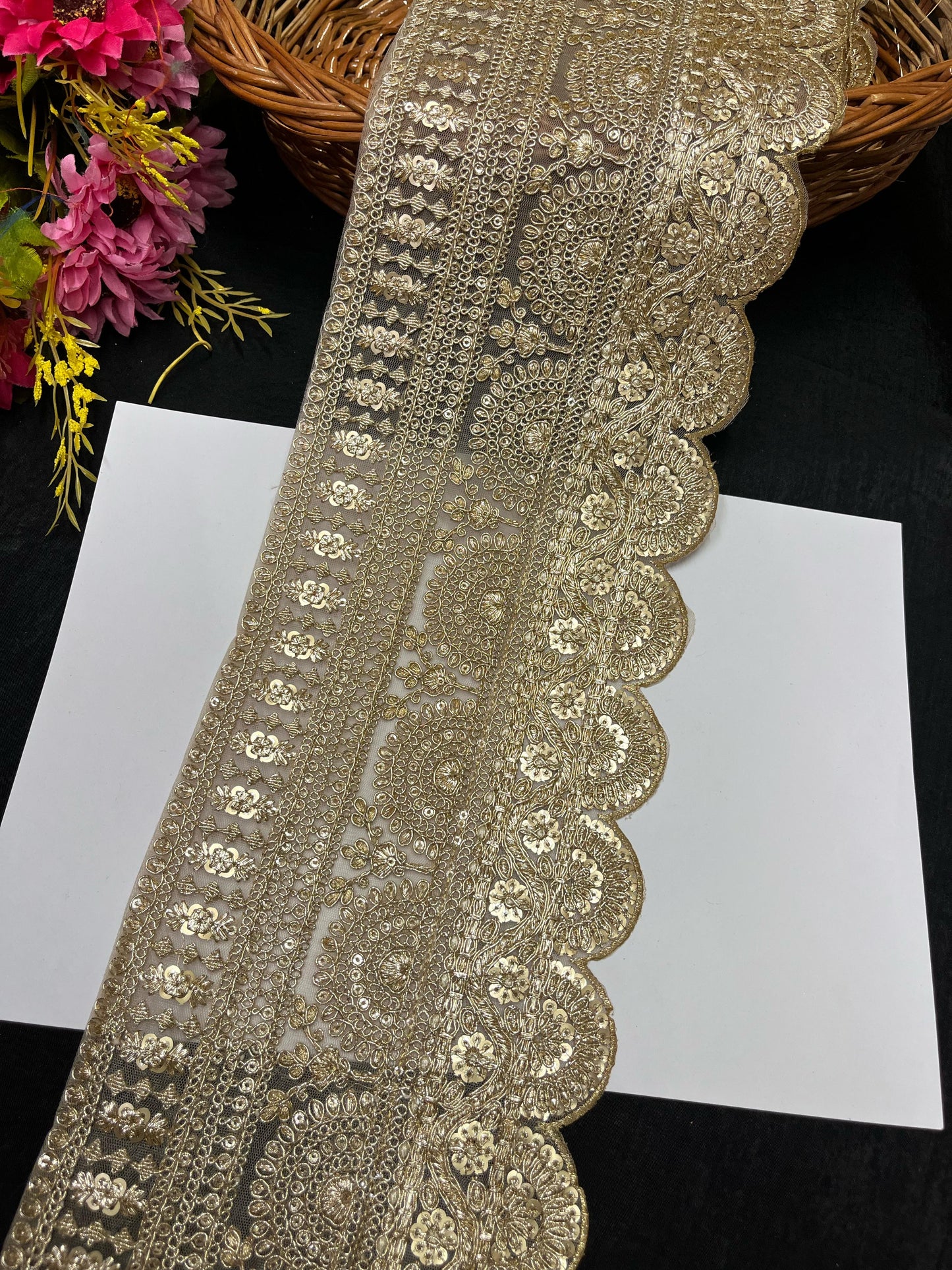 Scalloped Gold Embroidered Lehenga Lace Border – 9 Meters, 6.5-Inch Heavy Designer Trim for Sarees, Dupattas & Bridal Wear - Gold