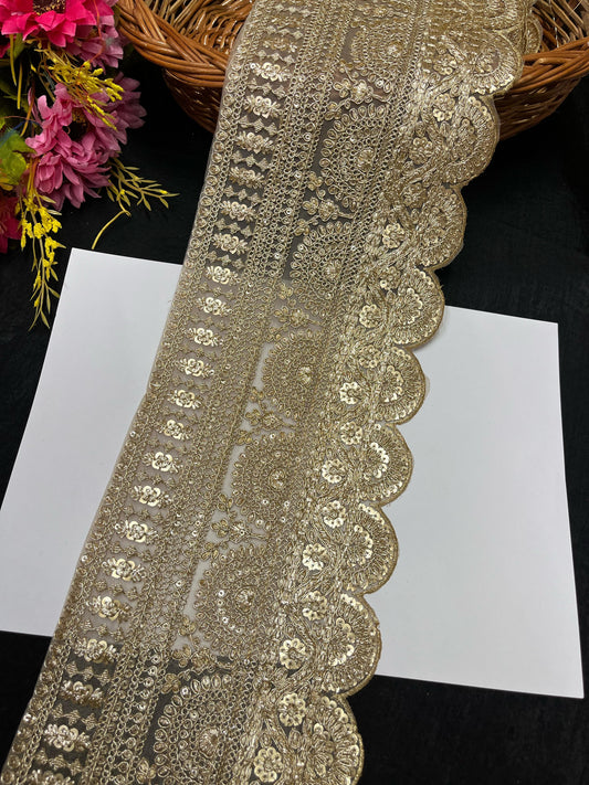 Scalloped Gold Embroidered Lehenga Lace Border – 9 Meters, 6.5-Inch Heavy Designer Trim for Sarees, Dupattas & Bridal Wear - Gold