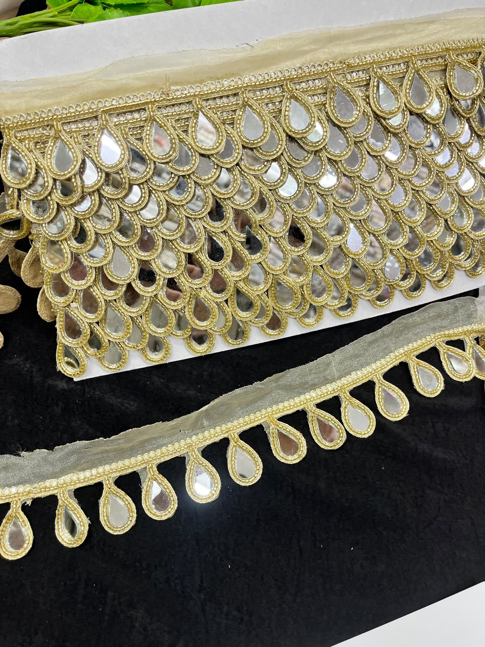 Hanging Mirror Lace for Sarees, Lehengas, Dupattas & Blouses – Designer Decorative Mirror Work Latkan Lace (1.5 Inch) | DC1036 | Gold