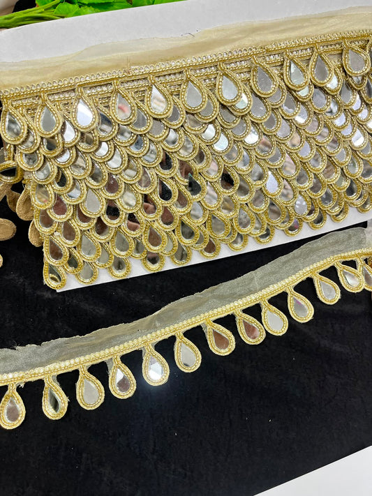 Hanging Mirror Lace for Sarees, Lehengas, Dupattas & Blouses – Designer Decorative Mirror Work Latkan Lace (1.5 Inch) | DC1036 | Gold