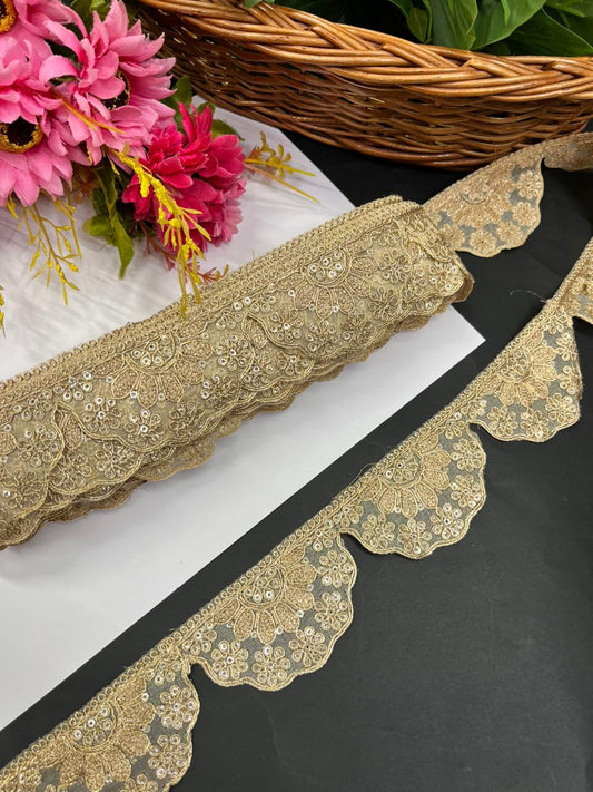 Scalloped Embroidered Zari Lace Border for Sarees – Premium Gold Designer Lace for Dupattas, Lehengas & Bridal Wear (9 Meter, 2 Inch Width) | Gold